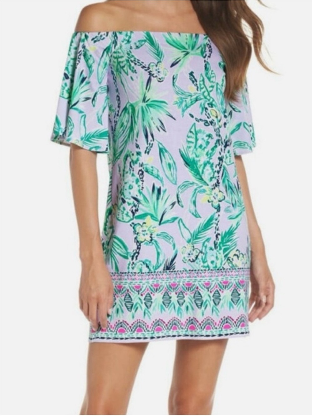 Lilly Pulitzer Pink Floral Off-Shoulder Mini Dress with Teal koala print